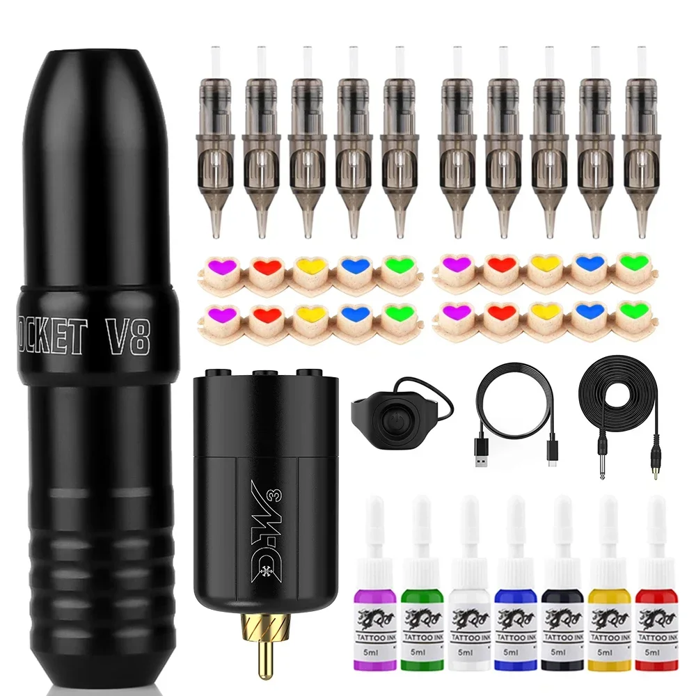 

Набор для татуировки Пистолет для татуировки Полный комплект беспроводной тату-машины 1 шт. D-W3 Батареи 10 шт. Картриджные иглы 1 набор цветных чернил для татуировки