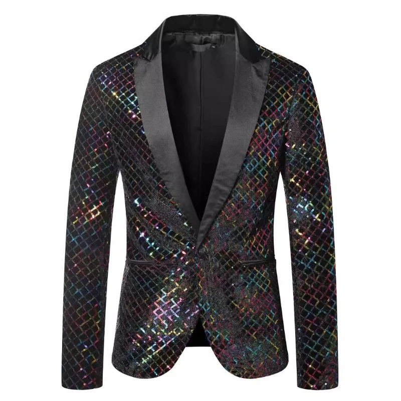 

Мужской блейзер с пайетками в клетку 2026 Golden Fashion, для вечеринок/банкетов/выступлений на сцене, свободный крой, большие размеры