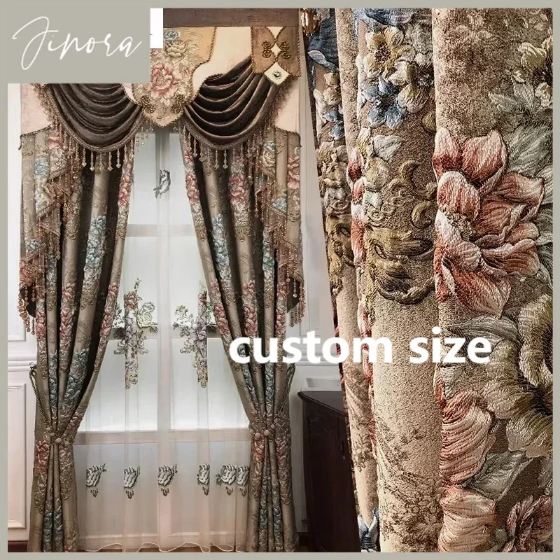 European Embroidery Brown Luxury Curtains For Living Room Bedroom Dining Blackout Brown Valance Decor Window Custom Relief