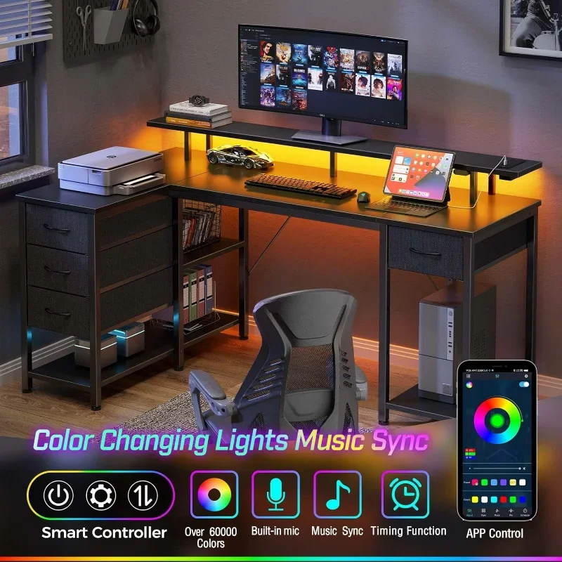 Seventable L Shaped Desk Computador, Gaming Desk com gavetas, mesa de escritório reversível com Power Outlets e luzes LED, 55,1\