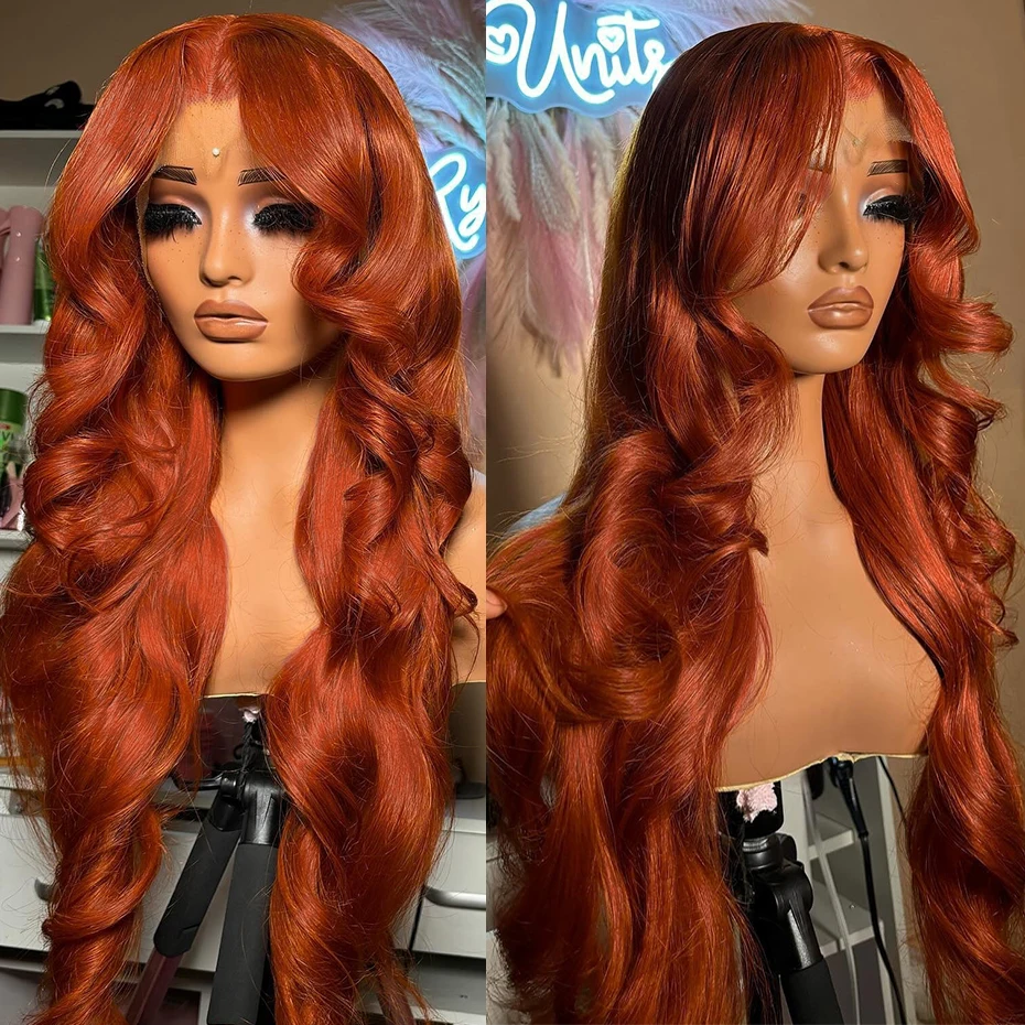 

13x6 Copper Orange Lace Front Human Hair Wig Preplucked Body Wave Reddish Ginger Colored Transparent Lace Frontal Wigs For Women