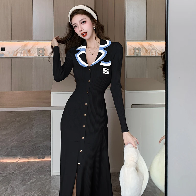 Women French Knitted Single-Breasted Long Sleeve V Neck Elastic Slim Dress Autumn Winter Warm Sweater Dress Female Clothing - Image 3