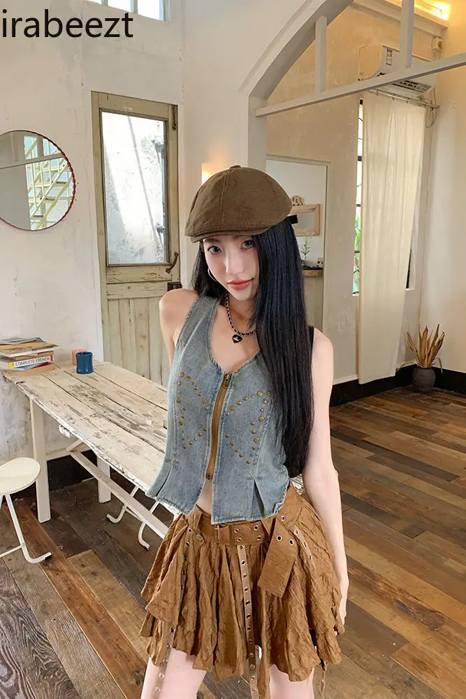 

Vintage American Retro Style Sexy Ruffled Crop Top & Asymmetrical Mini Skirt Set for Women - Summer Fashion Outfit