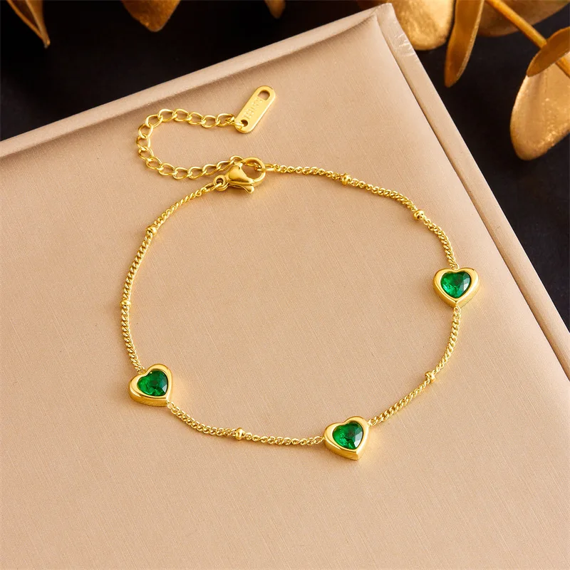 Stainless Steel Green Zircon Heart Shape Charm Choker Necklace Bracelet For Women New Vntage Wedding  Jewelry Set Gift