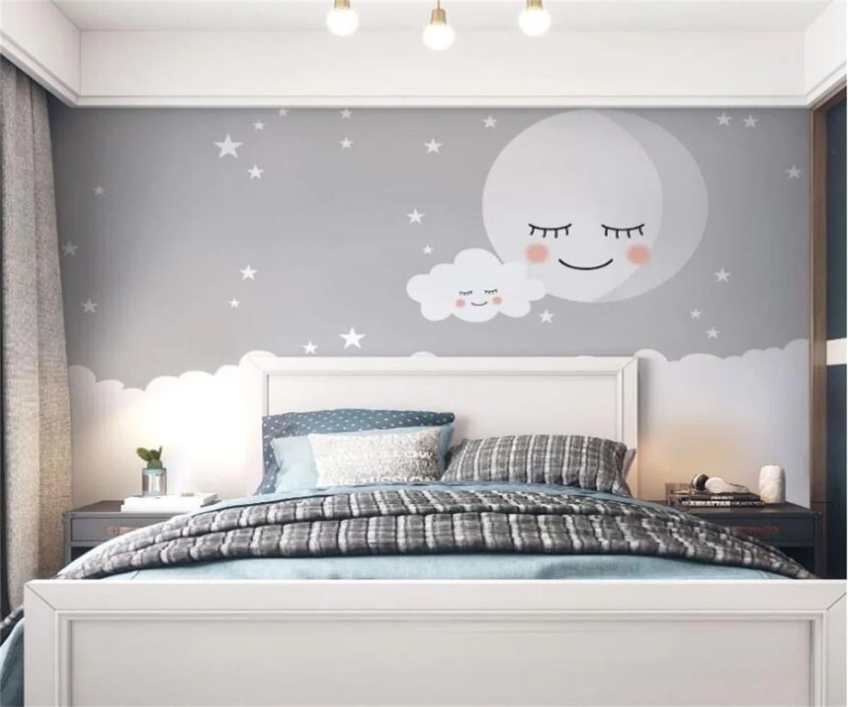 حجم مخصص خلفية الوردي غرفة الأميرة جدارية ديكور المنزل الكرتون نجوم القمر سحابة اللوحة الزخرفية خلفية ثلاثية الأبعاد #3