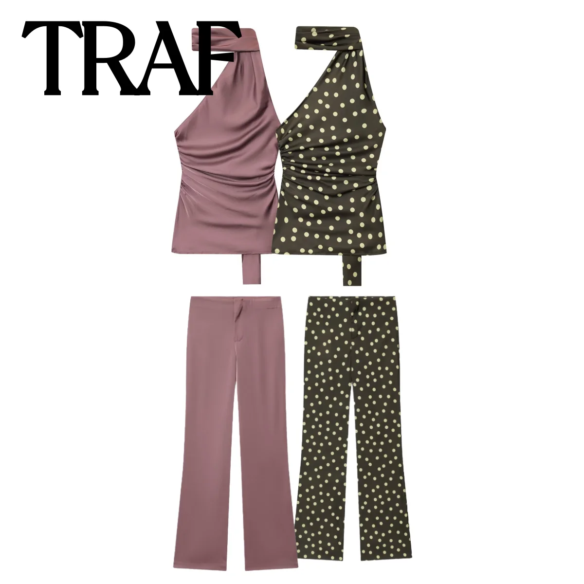 

TRAF Autumn New Women's Wear 2025 Asymmetric Design Wave Point Top or Satin Texture Mid Waist Bellbottom Pants