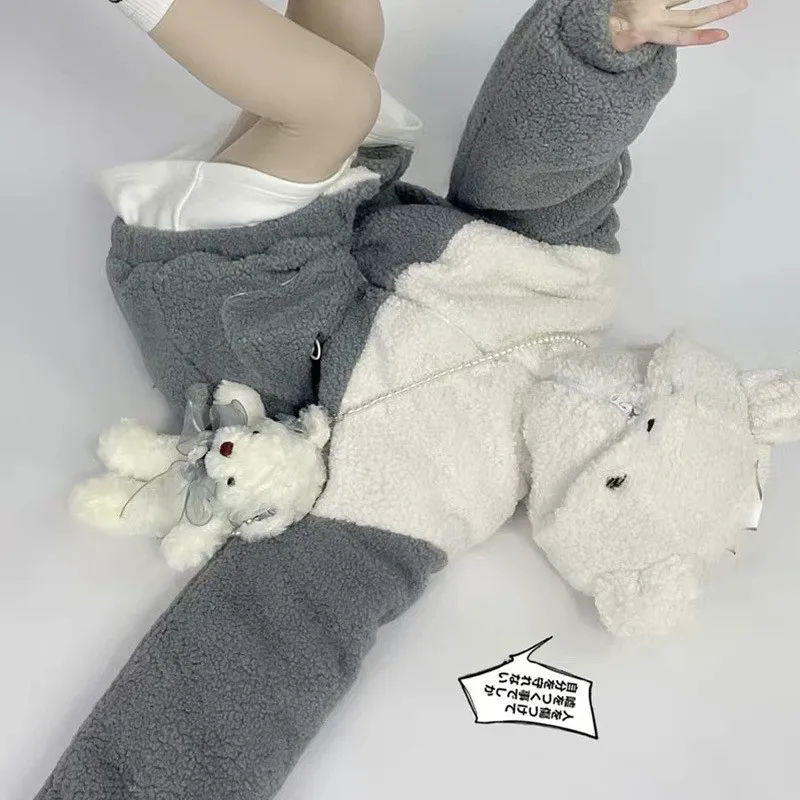 Hoodie Beruang Lucu Jepang Pakaian Wanita Musim Gugur Musim Dingin Atasan Bertudung Wol Domba Imitasi Mantel Mewah BF Kawaii Lolita Pakaian Jalanan