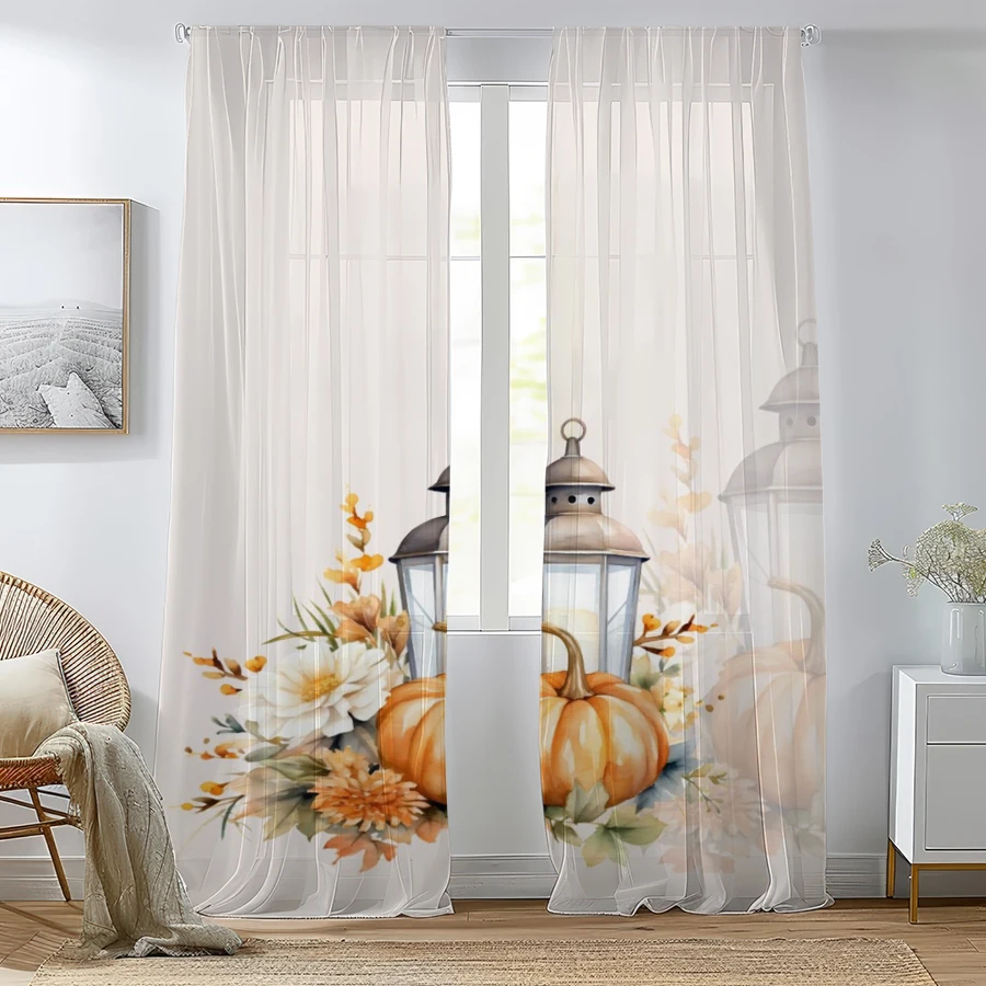 2PCS Digital Print Sheer Curtain, Watercolor Pumpkin Lantern Fall Floral Autumn Window Drapes for Living Room Bedroom Home Decor