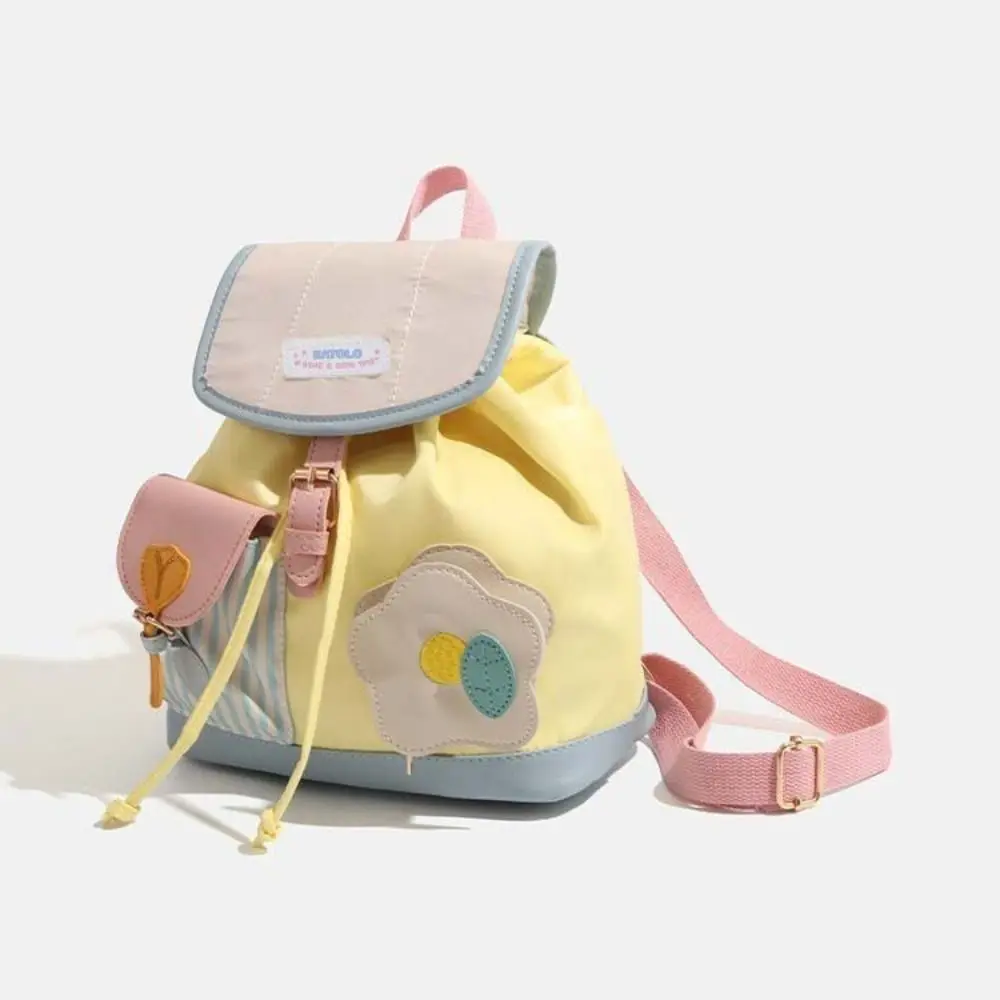 Korean Style Drawstring Creative Flower Backpack Cartoon Stripe Students School Bag Large Capacity PU School Bag Travel