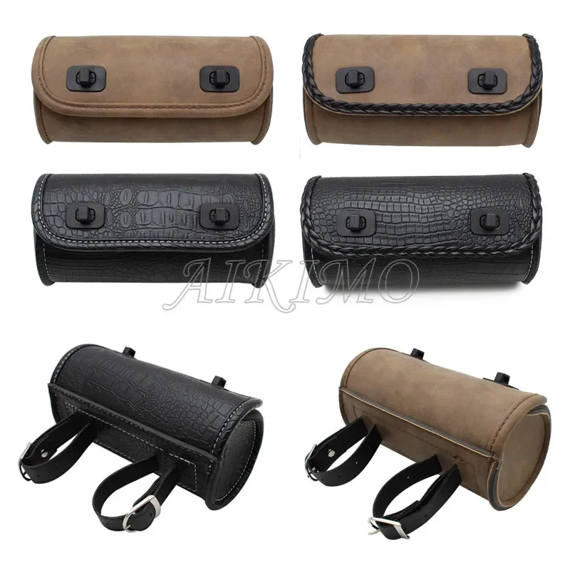 Motorcycle Fork Bag PU Leather Handlebar Tool Pouch Sissy Bar Roll Storage Bag Saddle Bag with 2 Straps Universal New