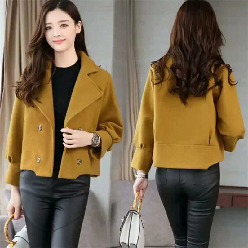 Ladies Loose Fitting Woolen Outwear  Autumn Winter Female Short Wool Blend Coat Korean Women Fashion Long Sleeves Tops Jacket