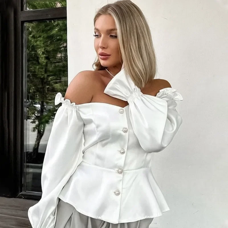 Talenza White Off Shoulder Shirt Women\'s Elegant Solid Long Sleeve Single Breasted Shirt Top Casual Cardigan Slim Ruffle Shirt