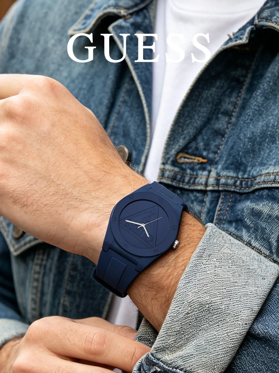 Guess Women Analog Quartz Watch, Resin Case, Navy Blue Silicone Strap, Embossed  Dial, Mineral Glass, 30M Water   W0979L4