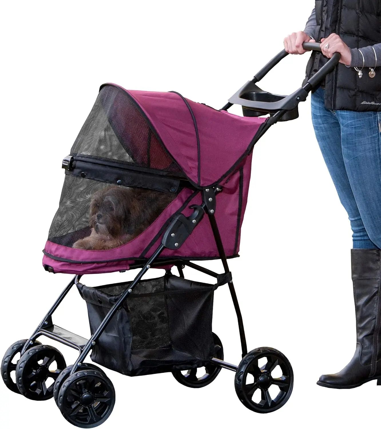 

No-Zip Happy Trails Lite Pet Stroller for Cats Dogs, Zipperless Entry,Easy Fold with Removable Liner, Storage Basket Cup Holder