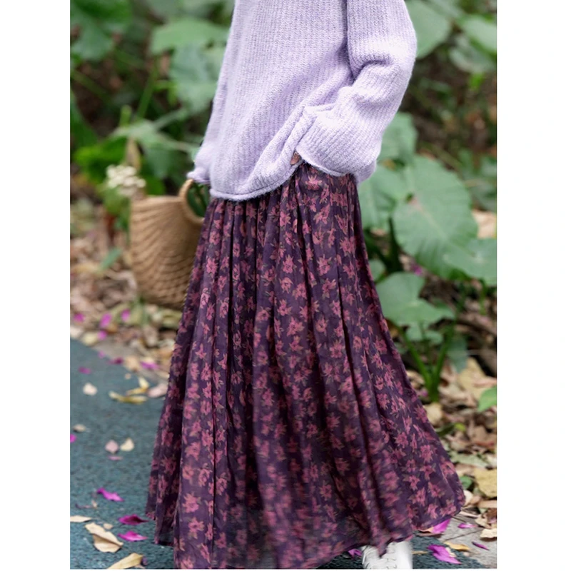 2025 New Arrival Autumn Women Loose Casual Vintage Floral Print A-line Skirt All-matched Elastic Waist Ankle-length Skirts Y184