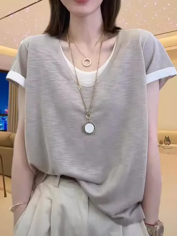 

Женский искусственный топ из двух предметов с короткими рукавами, хлопковый свитер с круглым вырезом, летний офисный женский трикотаж, корейский шикарный элегантный наряд Z729