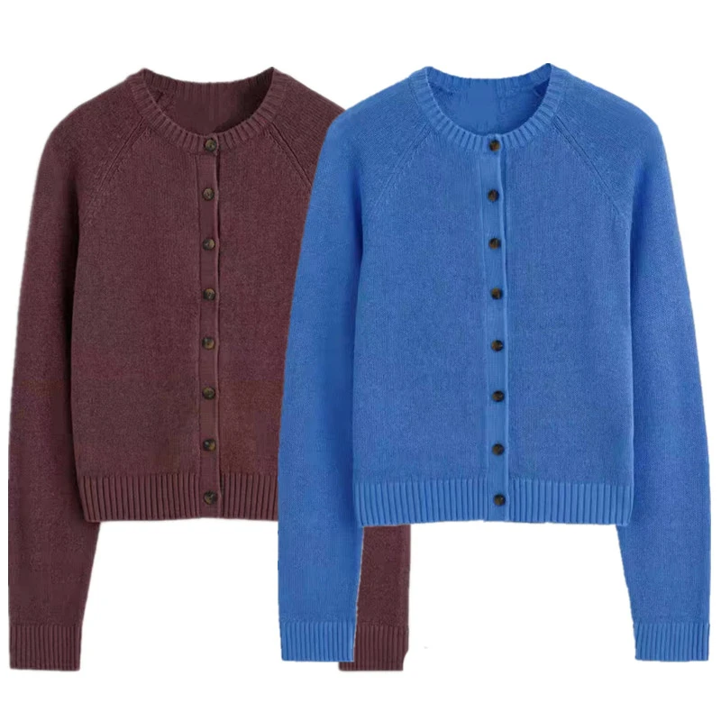 Maxdutti French Single Breasted Round Neck Linen Knitted Cardigan Burgundy Lazy Jacket Women's Sweater Knitwear Woman Clothing