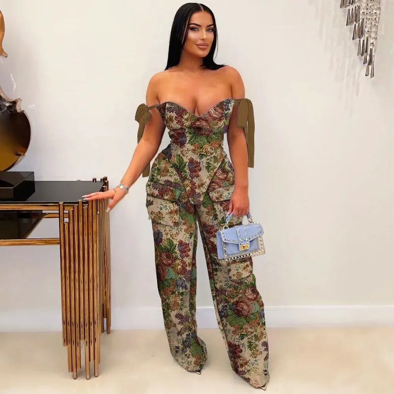 Doyerl Two Piece Set Woman Sexy Club Outfits Birthday Off Shoulder V-neck Lace-up Bandage Top and Wide Leg Pants Matching Sets view 4