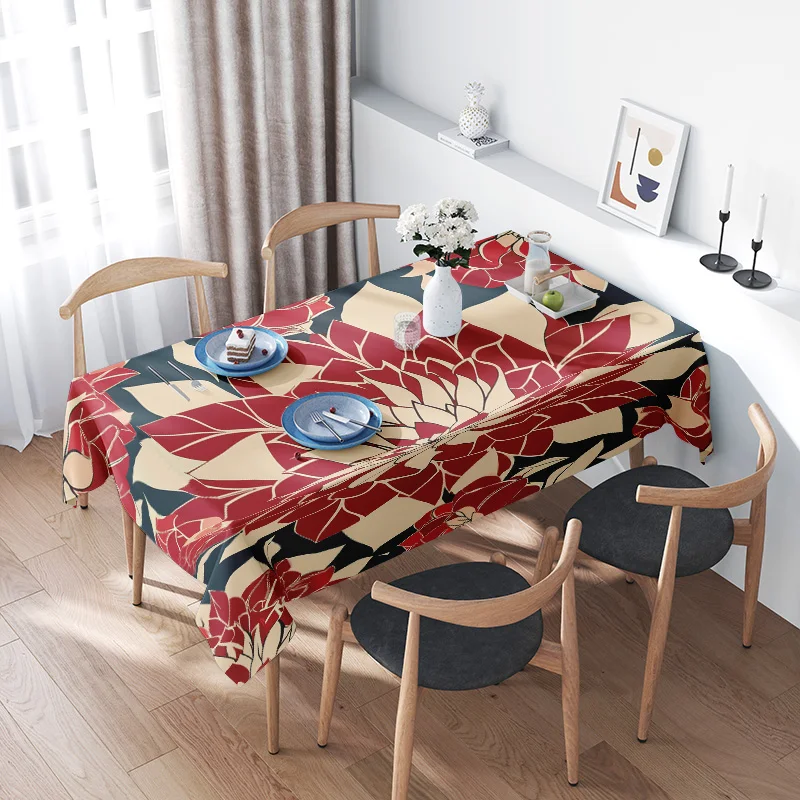 Floral Print Tablecloth Elegant Home Decoration for Dining Tables Washable Polyester Fabric with Red Leaves Design