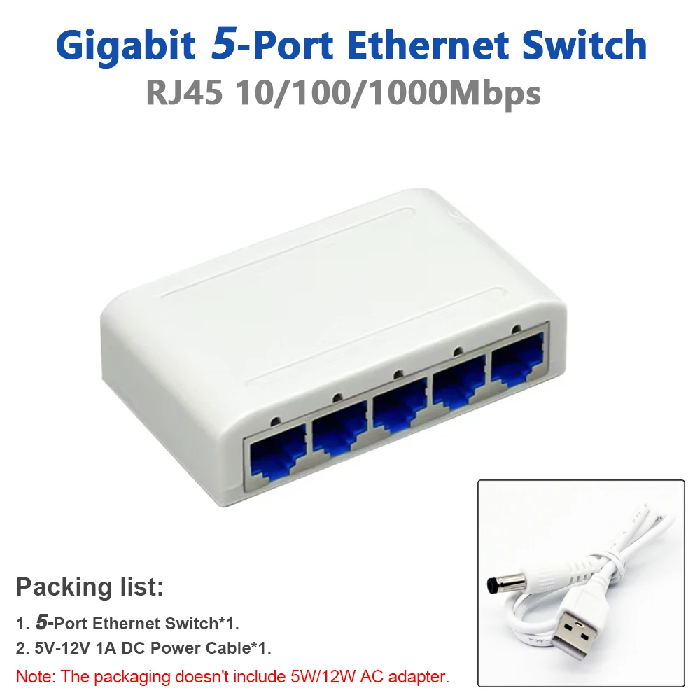 

5-port network switch 10/100/1000Mbps desktop network switch plug and play, automatic MDI/MDIX suitable for home office