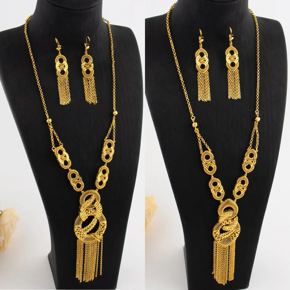 

Mid East Luxury Gold Color Tassels Necklace Earrings Sets For Women India New Style Sparkle Jewelry Gifts For Party Mother