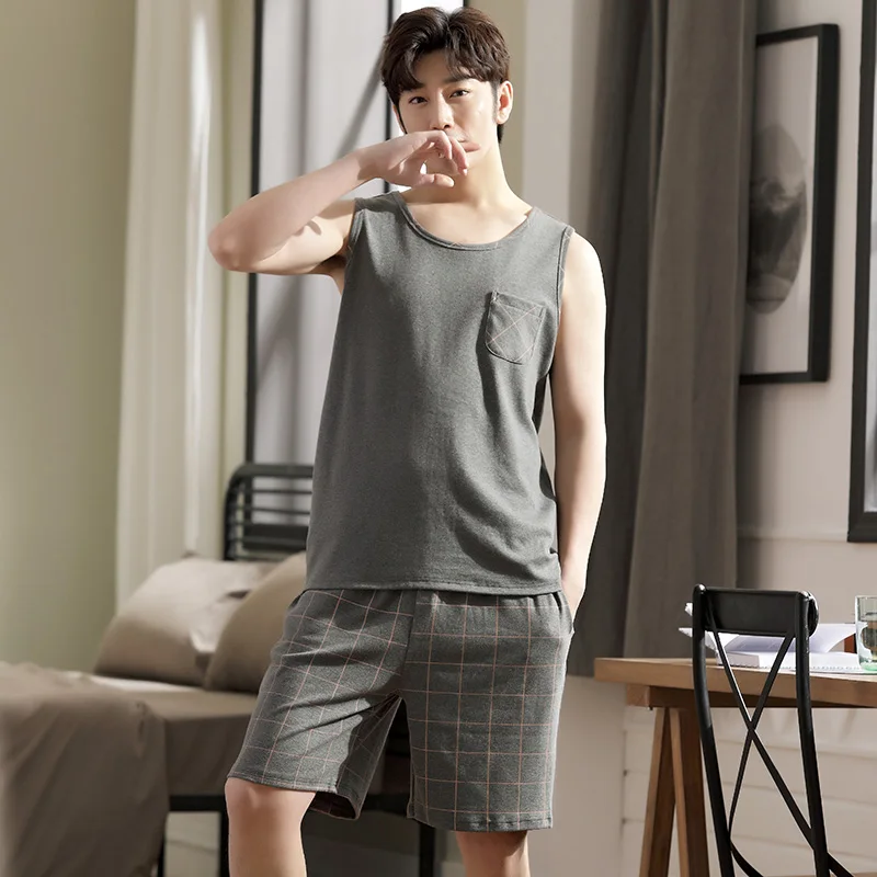 Volledige Katoenen Pyjama Voor Mannen Dunne Vest Mouwloos Mannelijke Pocket Pyjama Set Homewear Slaap Broek Grote Werven 3XL 4XL Pijamas de Hombre