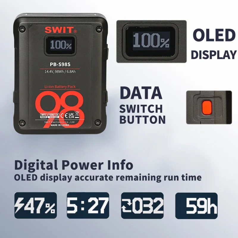 SWIT PB-S98S 98Wh Multi-sockets Square V Mount Digital Battery For Cine-cameras, Max 150W, 12A Load, 2× D-tap Output Sockets