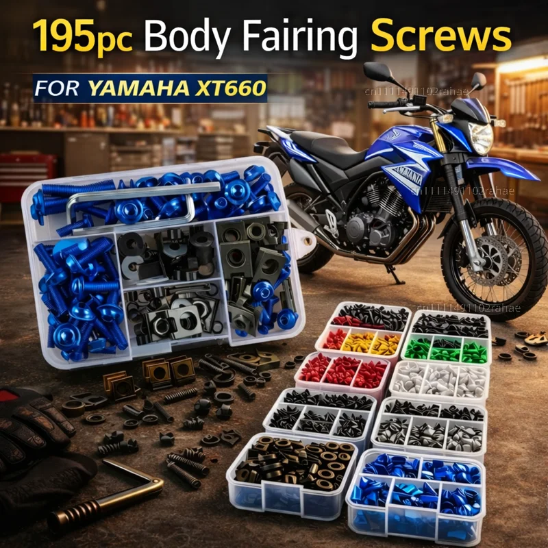 195 piezas Kit de tornillos y tuercas de carenado para motocicleta YAMAHA XT660 X R Z XT660X XT660R XT660Z 2004-2020, clips de aluminio CNC