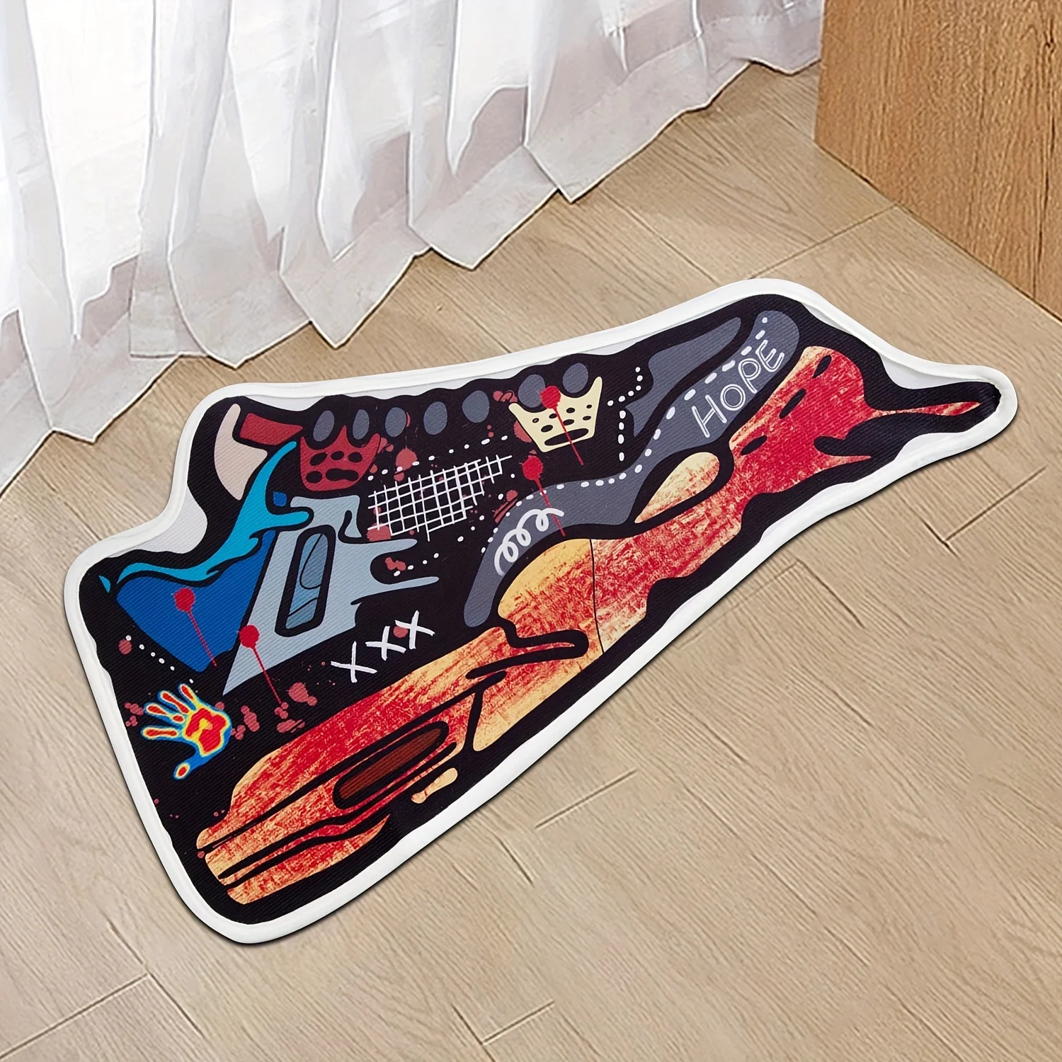 Graffiti Sneaker Shaped Rug Street‑wear Aesthetic Non‑Slip Floor Mat Irregular Shoe‑Print Doormat Teen Bedroom Hip‑hop Home Deco
