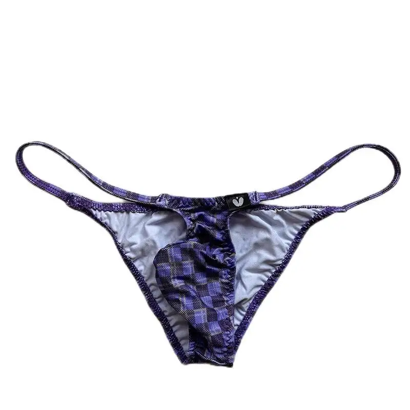 Small Bag Printed Men\'s Underwear Soft Sexy Bikini Triangle Pants Tight Plaid Low Waist Half Wrapped Buttocks Small Underware