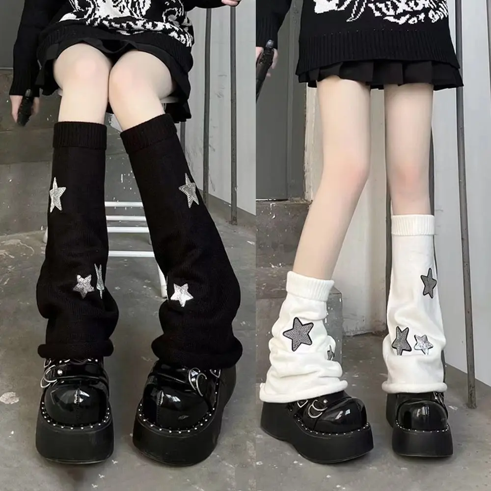 Jambières tricotées étoiles noires, blanches et grises, cuisses chaudes, bas de bottes tricotés chauds d'hiver, chaussettes longues en coton élastique pour femmes