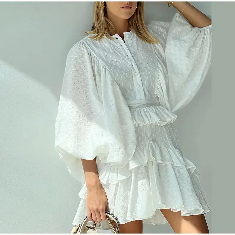 

Casual Buttons Layered Party Dress Elegant Women's O-neck Ruffled Loose Dress Spring Autumn Lantern Sleeves White Dress Vestidos