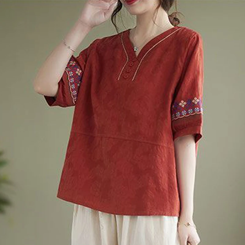 New Women Vintage Embroidery Ethnic Style Blouses Elegant V Neck Short Sleeve Shirts Casual Loose Cotton Linen Tops Summer Blusa