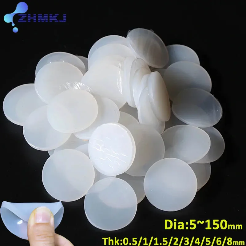 White Round Silicone Rubber Sheet Seal Gaskets Pad Thick 0.5/1/1.5/2/3/4/5/6/8mm Dia 5~150mm Non-toxic Anti Slip Shock-absorbing