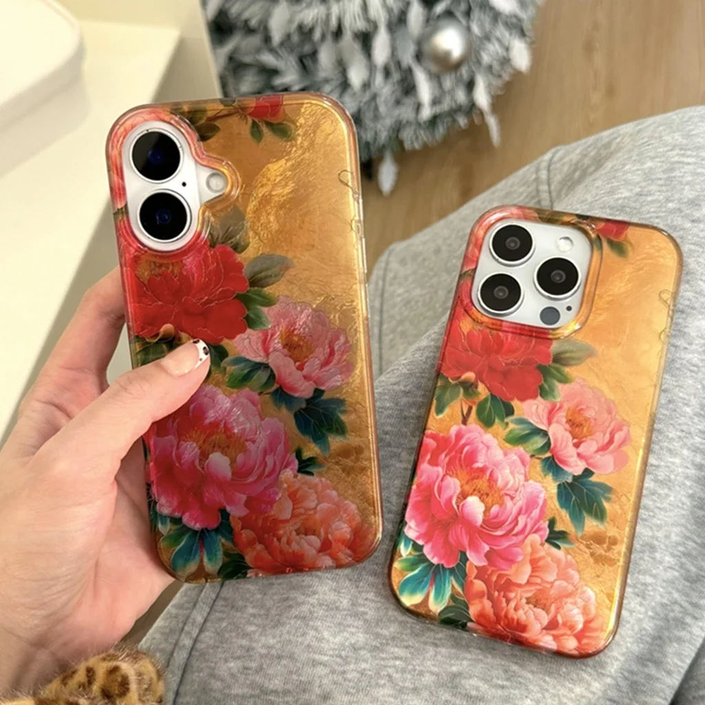 Retro Oil Painting Green Leaf Red Pink Flower Tin Foil Pattern Cover Case for iPhone 16 15 14 13 Pro Max Phone Case