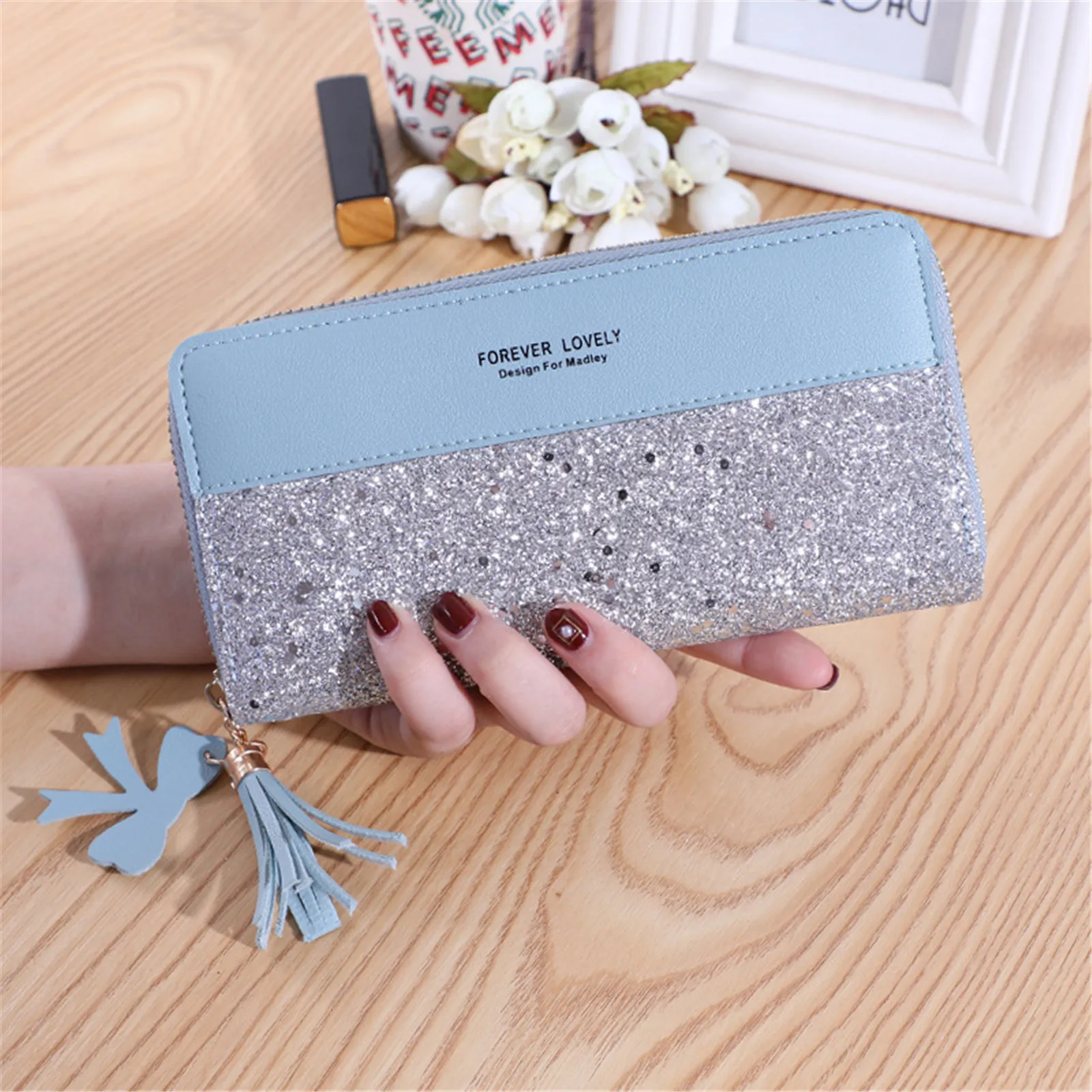 Luxury Women Long Wallet Pu Leather Card Holder Large Capacity Zipper Coin Purse Multi Card Phone Organizer Cell Sequin Handbag