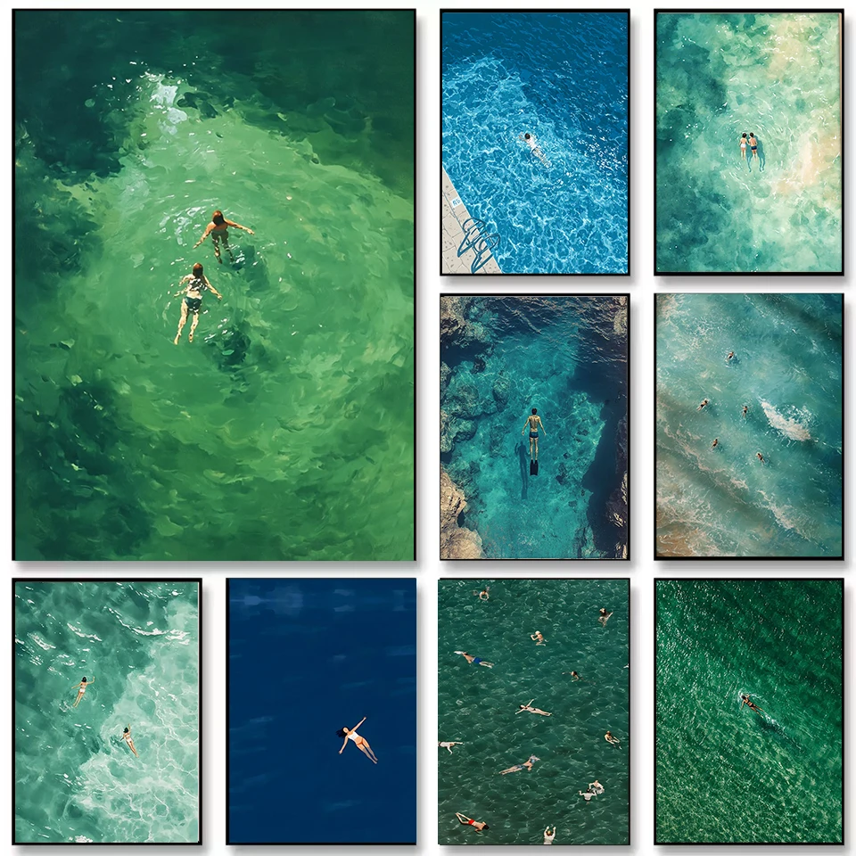 Leinwandgemälde aus der Summer Beach Swimming Series: Frisches blaugrünes Pool-Dekorationsposter für Wohnzimmer und Schlafzimmer – rahmenlos