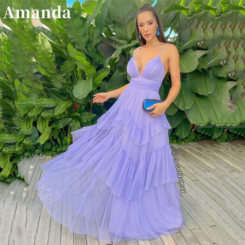 

Amanda Elegant Multilayer Vestidos de Fiesta Elegantes Para Mujer 2023 Spaghetti Strap Prom Dress V-neck فساتين مناسبة رسمية