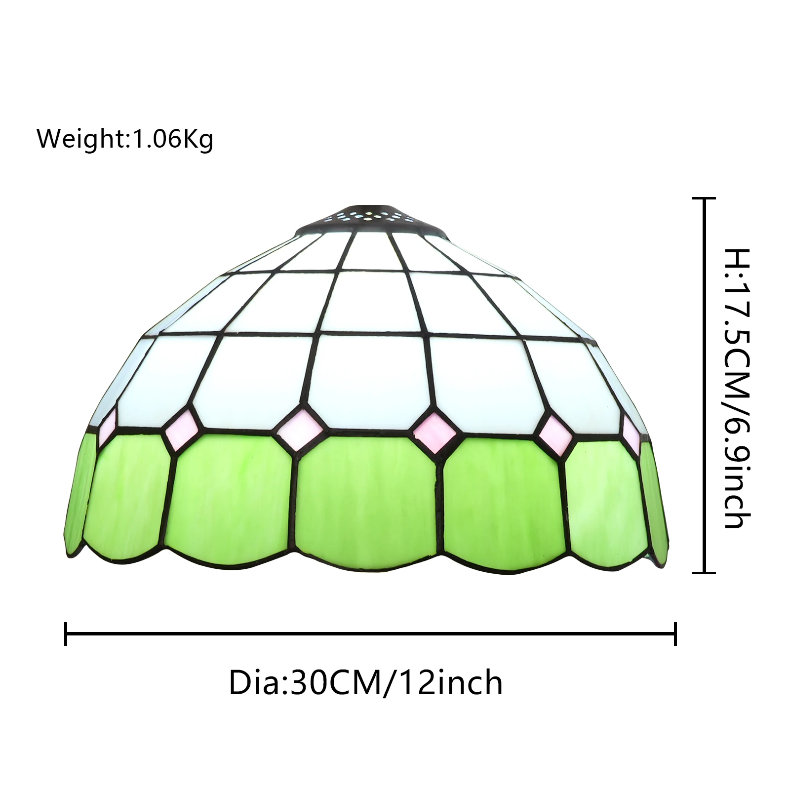 Tiffany Style, White and Green, Colored Glass Lampshade, Branch Chandelier, Table Lamp Replacement Lampshade, Diameter 12 Inches