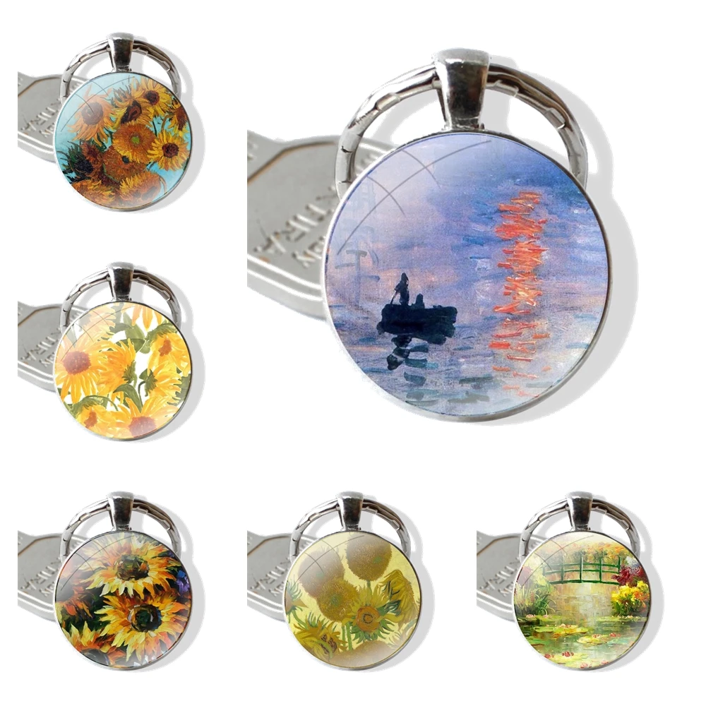 Claude Monet Oil Painting Sunflower Cartoon Gift Lover Funny Keychain Handmade Glass Cabochon Key Ring Holder Pendant Key Chains