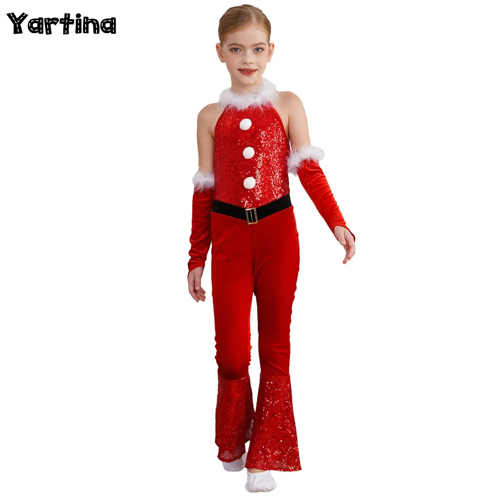 

Girls Elf Christmas Xmas Santa Candy Cane Cosplay Costume Carnival Bodysuit Plush Sequins Flared Jumpsuit with Arm Sleeve Set