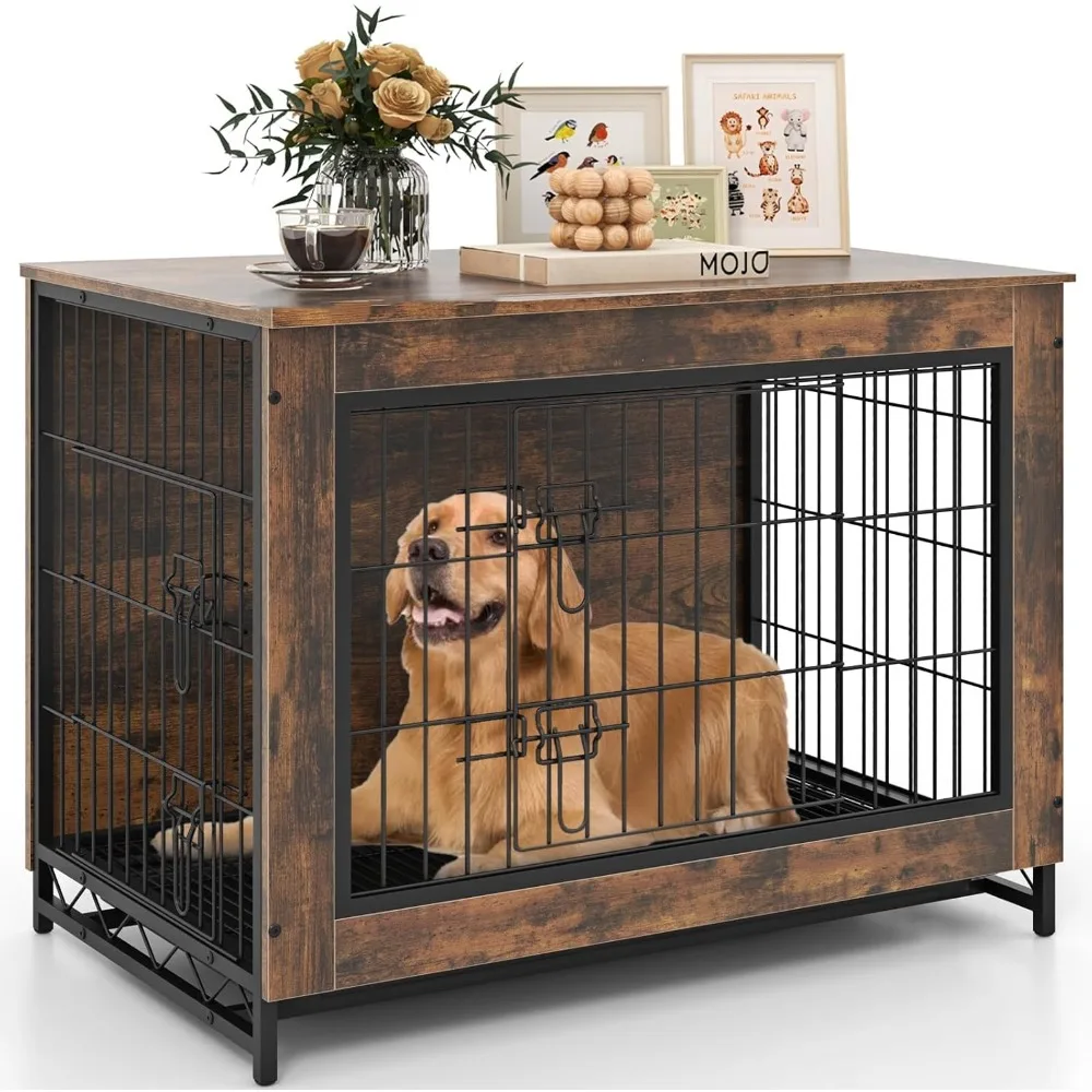 

Dog Crate Furniture - 32.5" L Dog Kennel Side Table with Double Doors & Removable Pull-Out Tray, Left or Right Side Door, Moder
