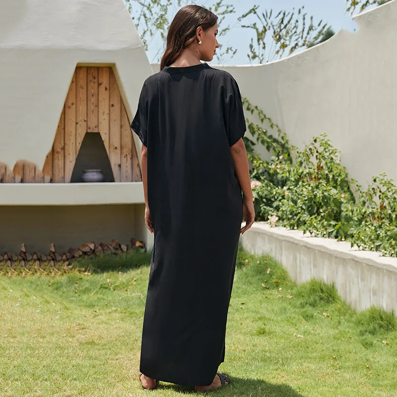 فستان شاطئ طويل مطبوع عليه طباعة شجرة جوز الهند ، سروال أسود ، غطاء بيكيني ، التفاف ، الستر ، ملابس سباحة ، تغطية