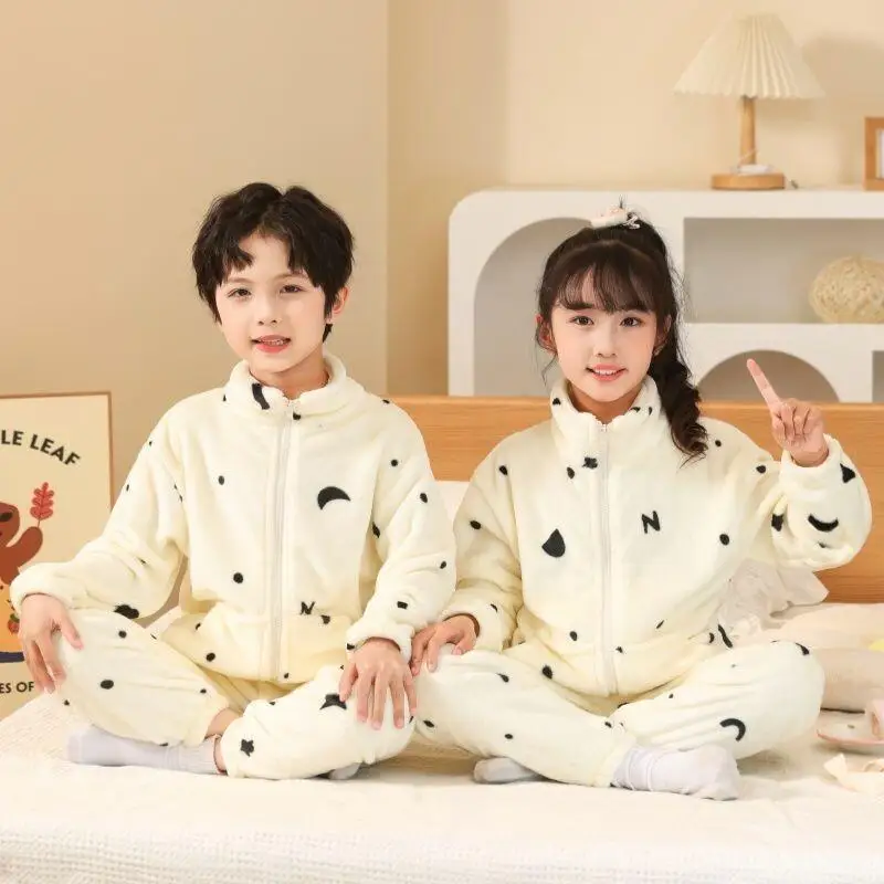 

Children Coral Fleece Pajama Set Girls Flannel Homewear Baby Autumn Winter New Style Plush Thick Warm Cozy Sleepwear Loungewear