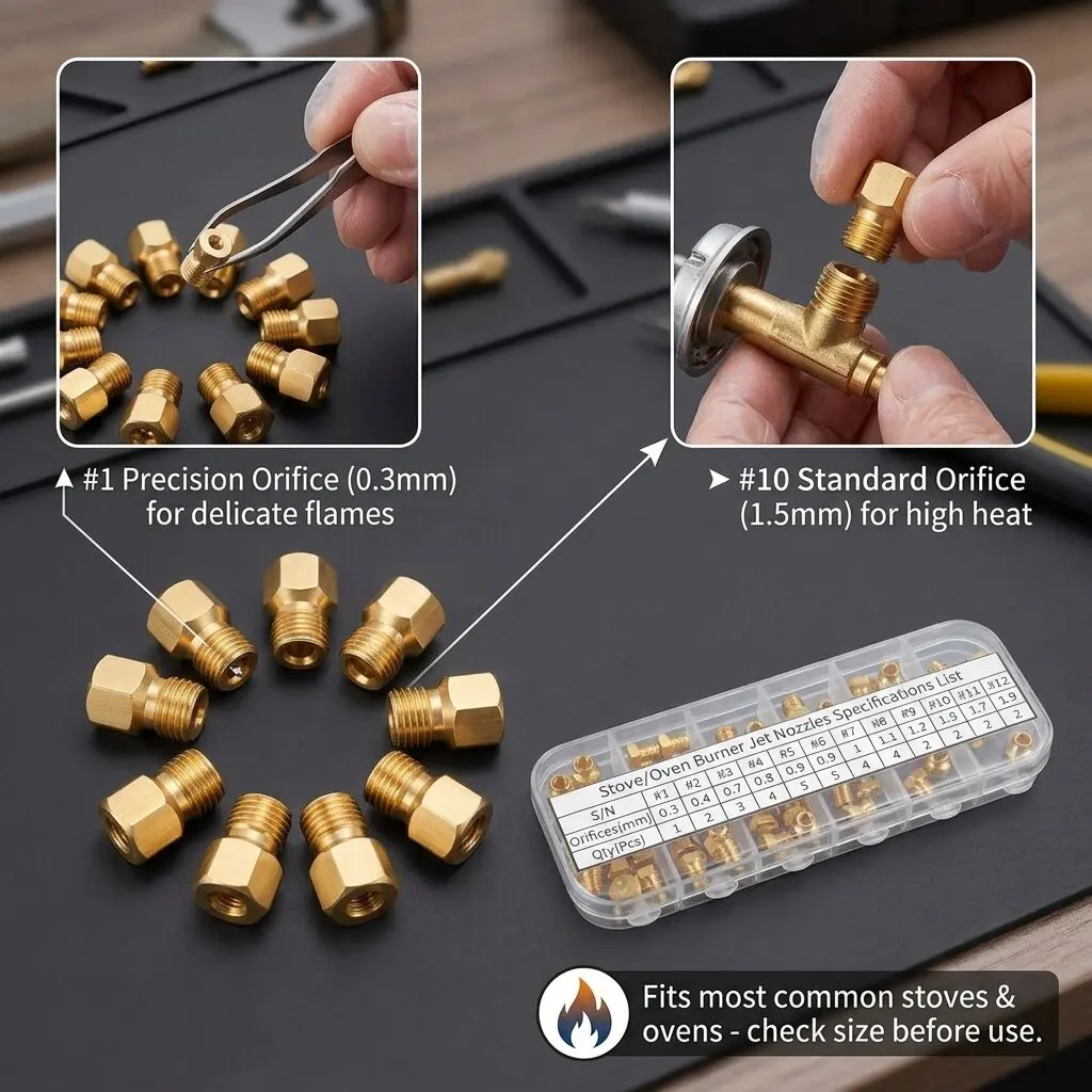 Durable Brass Jet Orifice Gas Nozzle Universal Stove Injector Hex Metal Oven Fitting Precision Gas Range Tip Assortment