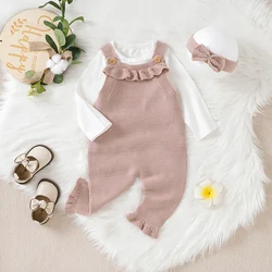 2pcs/Set Newborn Baby Rompers Clothes Solid Sleeveless Knit Infant Child Girls Strap Jumpsuits Headband Outfits Toddler Costumes