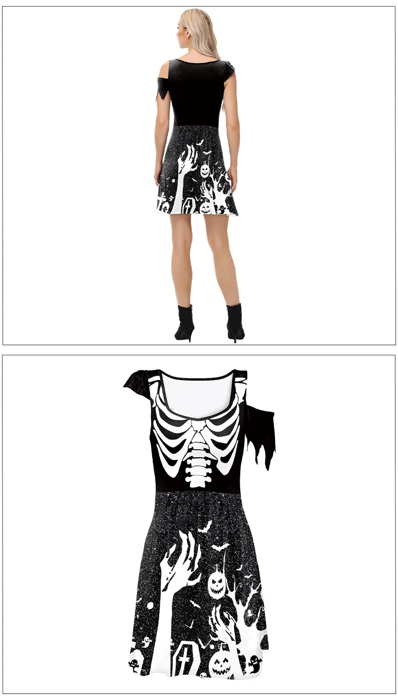 Halloween Women Sexy Gothic Skeleton Print Cosplay Vintage Dress Day of The Dead Party Role Playing Dress Up Female
