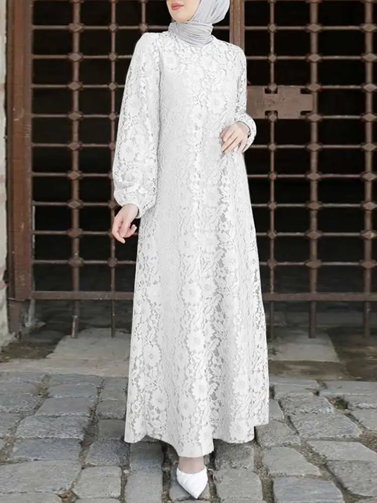 ZANZEA Autumn Women Elegant Robe Fashion Lace Crochet Muslim Dress Long Sleeve Dubai Turkey Abaya Hijab Sundress Ramadan Dresses