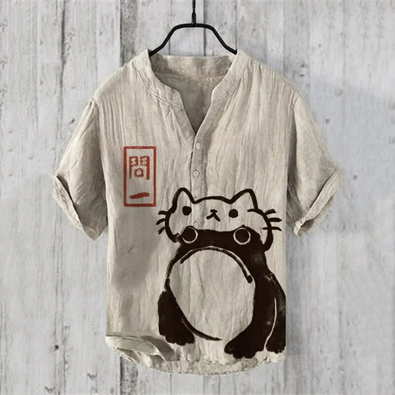 

New 2024 Spring Summer Fashion Vintage Men's Casual V Neck Shirt Short Sleeve Stand Collar Henley Shirt Art Illustration Print T