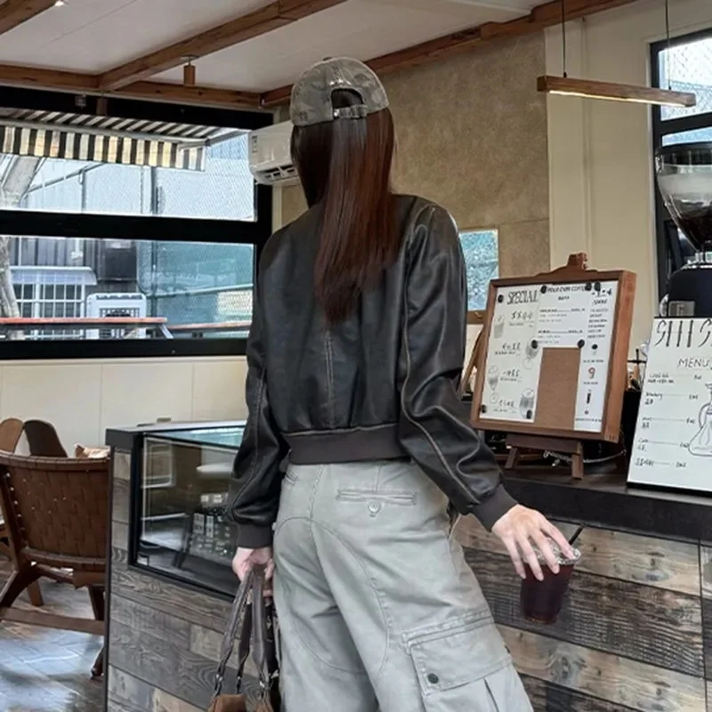 Outono senhora mangas compridas jaqueta de couro coreano feminino casual curto casaco de couro do plutônio moda feminina em torno do pescoço falso couro outwear